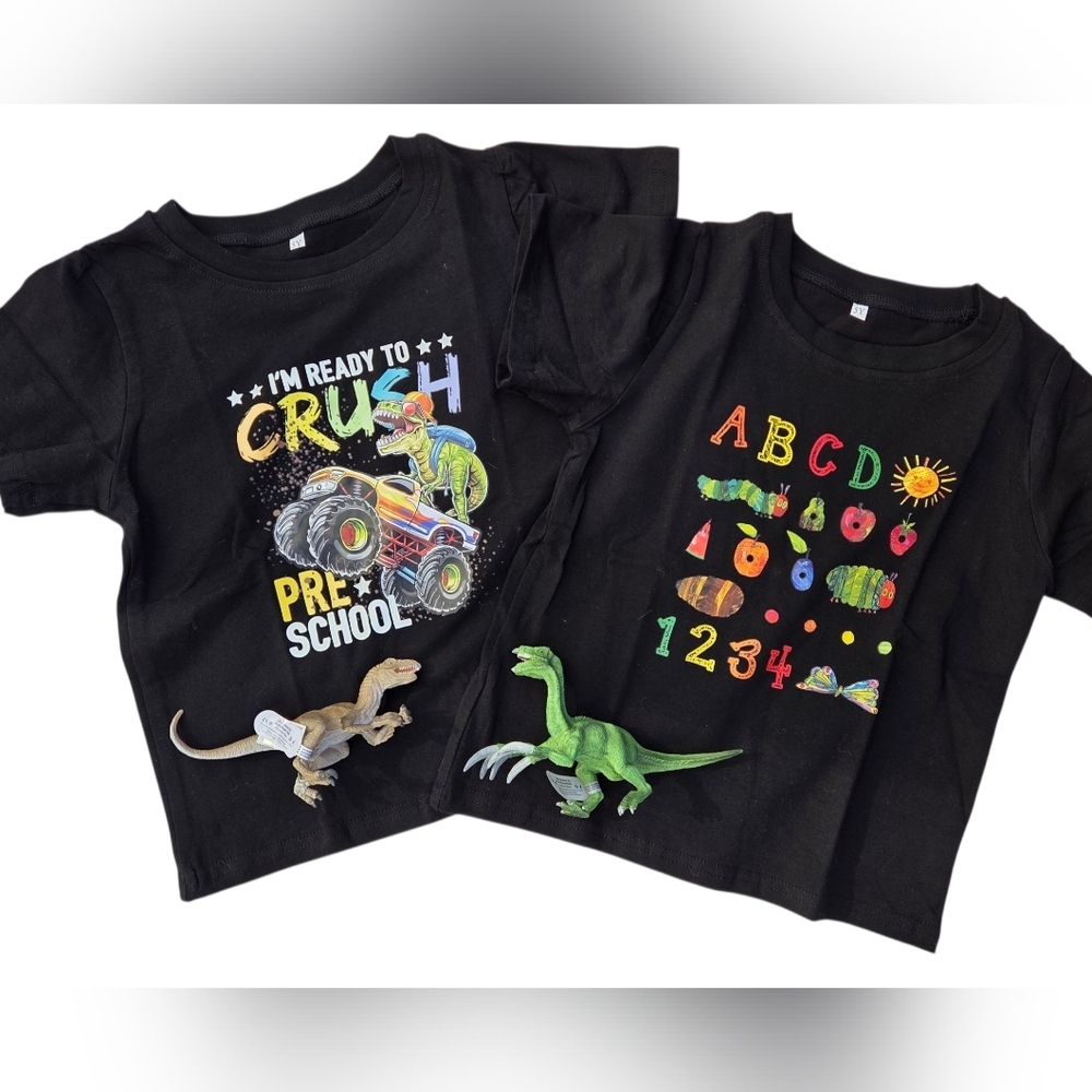Kids Black Set Of 2 Graphic Tees With 2 New Dino Toys, Size 5